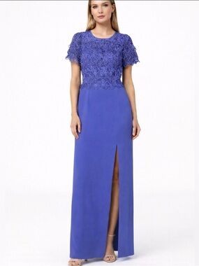 NWT Vintage Cattiva Blue Lace Maxi Formal Dress Slit Evening Gown Size 8